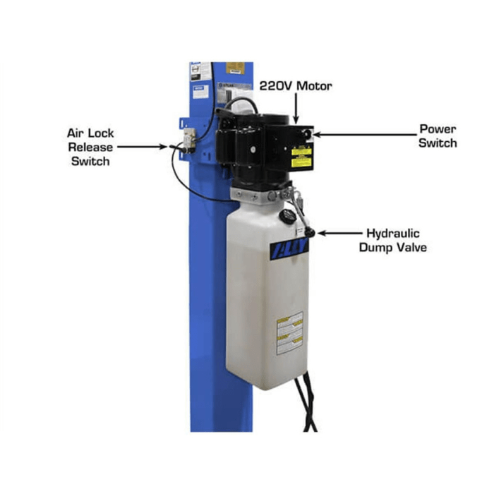 The Atlas PVL14 4-Post Lift comes equipped with a 220V power unit, featuring an integrated air lock release and hydraulic dump valve for smooth, efficient lift operation.