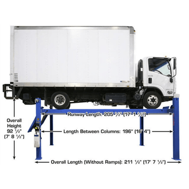 The Atlas PVL14 ALI Certified 14,000 lb. 4-Post Lift effortlessly supports commercial vehicles like box trucks, offering extended runways and a heavy-duty frame ideal for fleet maintenance.