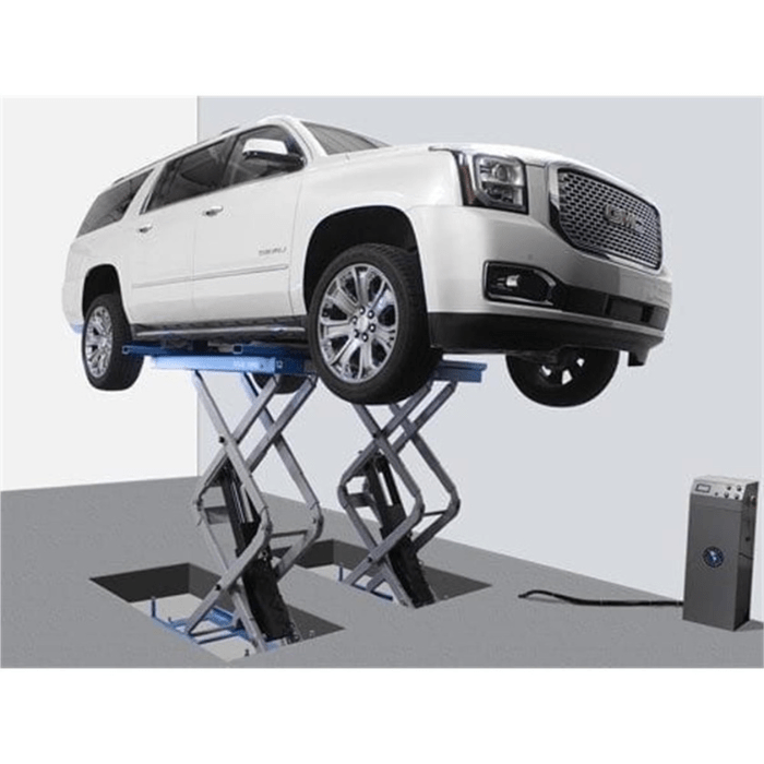 The Atlas SLP9K full-rise scissor lift is shown elevating a full-size GMC SUV with ease—delivering heavy-duty 9,000 lb. lifting strength for complete underbody access in busy repair shops.