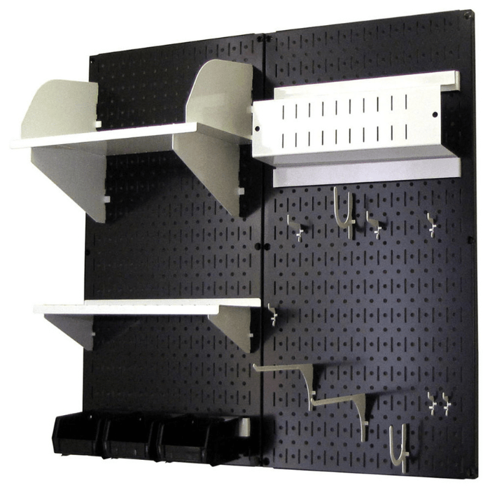 The Craft Hobby Organizer Pegboard Kit with a black pegboard and white accessories no materials