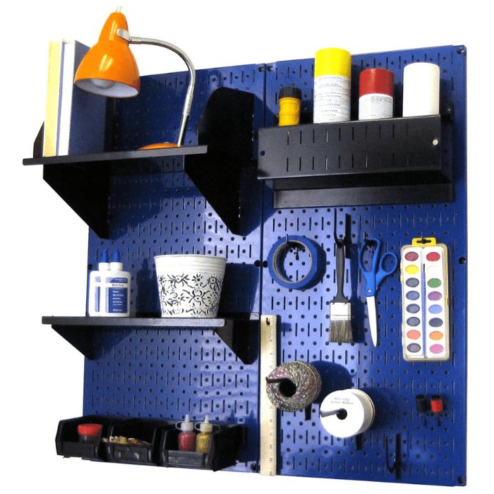 The Craft Hobby Organizer Pegboard Kit with blue pegboard and black accessories with materials