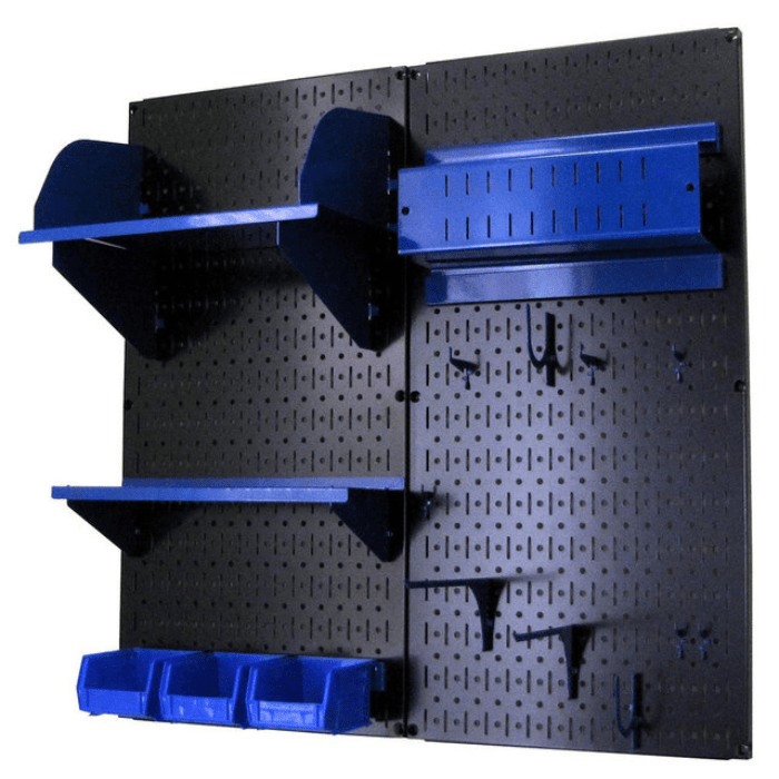 The Craft Hobby Organizer Pegboard with black pegboard and blue accessories