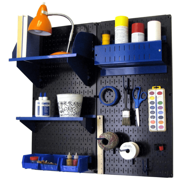 The Craft Hobby Pegboard Kit with black pegboard and blue accessories