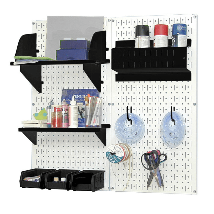 The Craft Hobby Pegboard Kit with white pegboard and black accessories