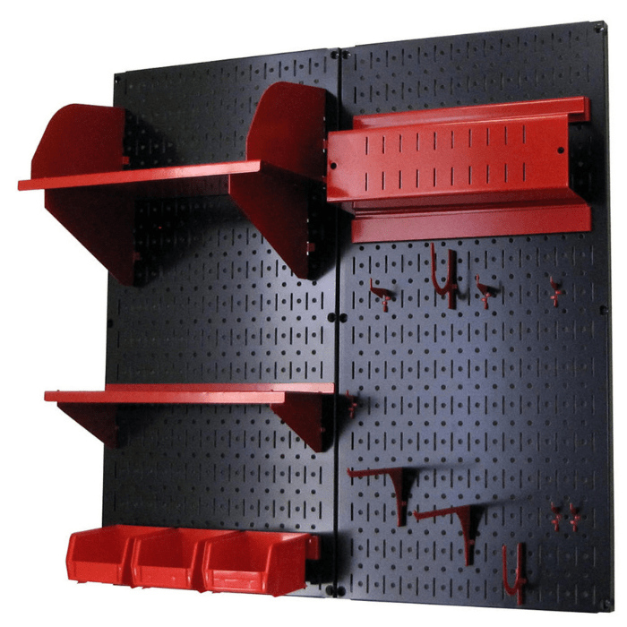 The Craft Hobby Pegboard Organizer Kit with black pegboard and red accessories