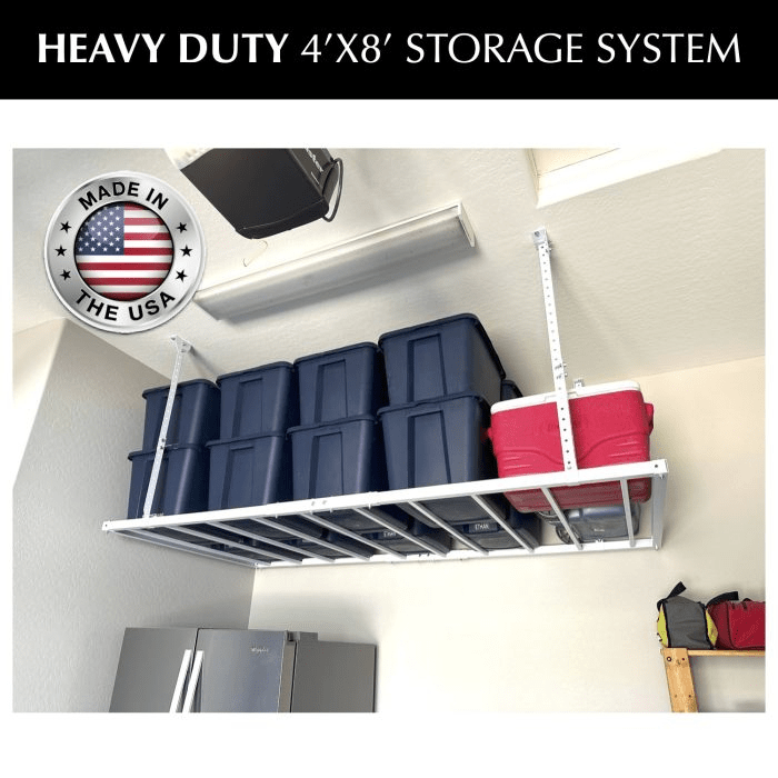 The E-Z 4x8 Overhead Garage Storage Rack with totes and a cooler stack on top. Bottom right side view