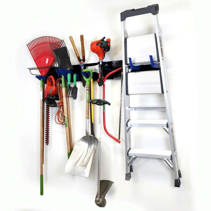 The Garage Storage Lawn Garden Tool Organization Wall Organizer Rack with black pegboard and blue accessories