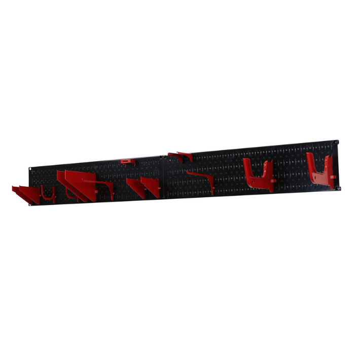 The Garage Storage Lawn Garden Tool Organization Wall Organizer Rack with red accessories and black pegboard without tools