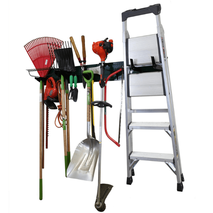 The Garage Storage Lawn Garden Tool Organizer Rack by Wall Control with a green pegboard and black accessories with tools