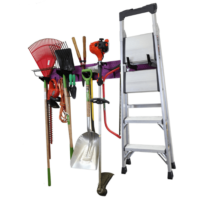 The Garage Storage Organizer Rack with a purple pegboard and black accessories with tools