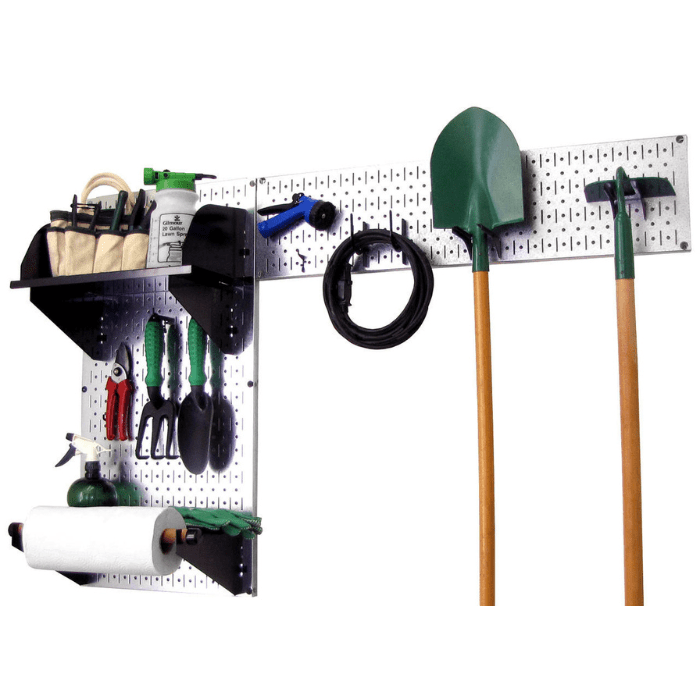 The Garden Tool Organizer Kit with a metallic pegboard and black accessories with tools