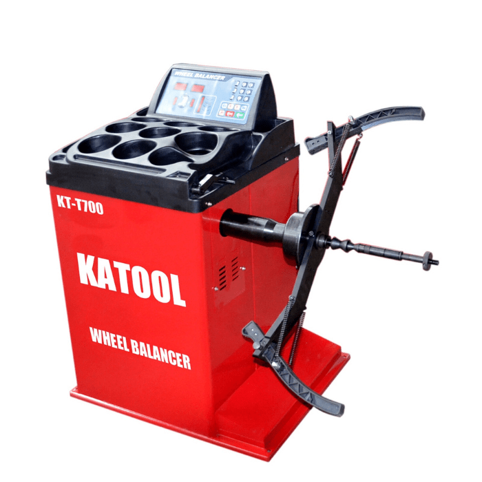 The  Katool KT-MC2 Wheel Balancer Adaptor attached to a wheel balancer