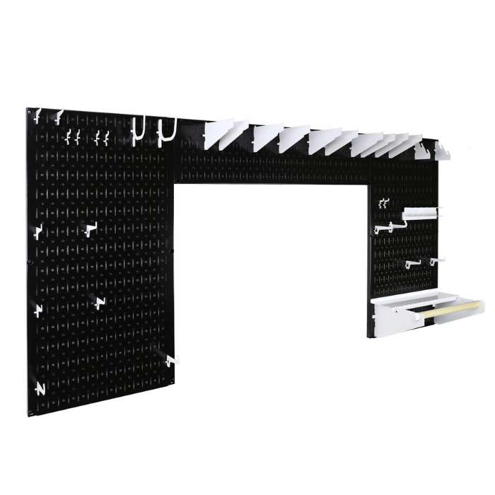 The Lazy Guy DIY Maker Woodworking Tool Storage Organizer Set - Metal Pegboard with Accessories with black pegboard and white accessories no tools
