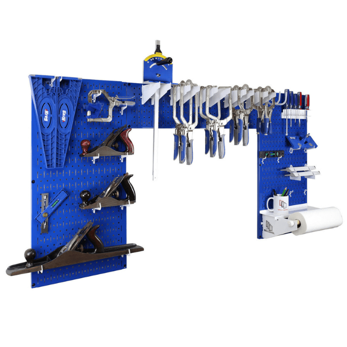 The Lazy Guy DIY Maker Woodworking Tool Storage Organizer Set - Metal Pegboard with Accessories with blue pegboard and white accessories