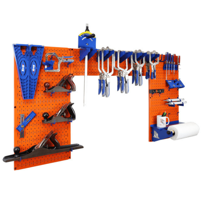 The Lazy Guy DIY Maker Woodworking Tool Storage Organizer Set - Metal Pegboard with Accessories with orange pegboard and blue accessories