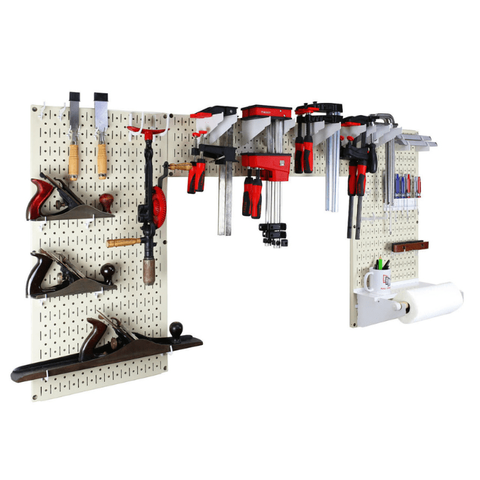 The Lazy Guy DIY Maker Woodworking Tool Storage Organizer Set with a beige pegboard and white accessories