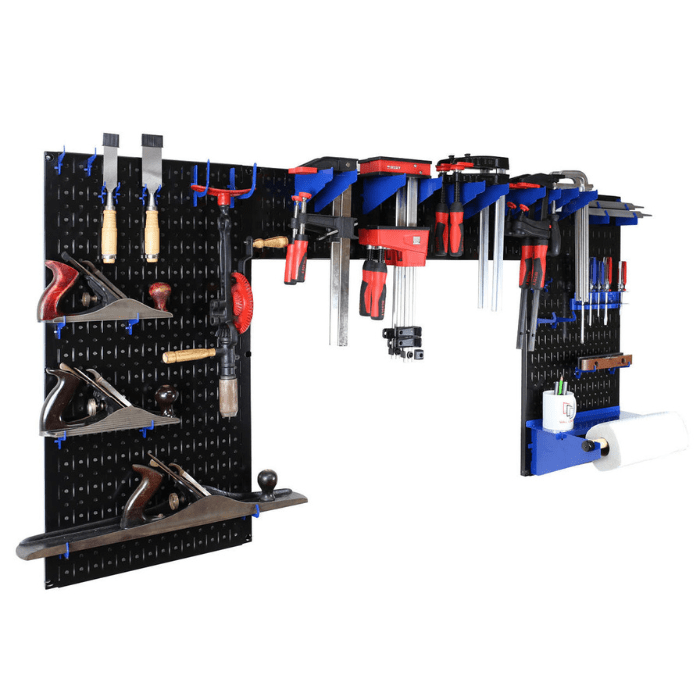 The Lazy Guy DIY Maker Woodworking Tool Storage Organizer Set with black pegboard and blue accessories with tools