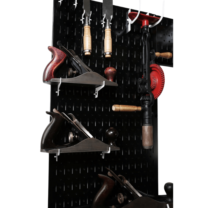 The Lazy Guy DIY Maker Woodworking Tool Storage Organizer Set with black pegboard and white accessories with tools close-up