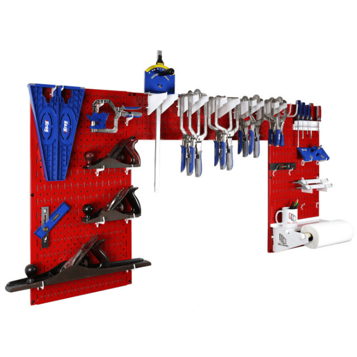 The Lazy Guy DIY Maker Woodworking Tool Storage Organizer Set with red pegboard and white accessories