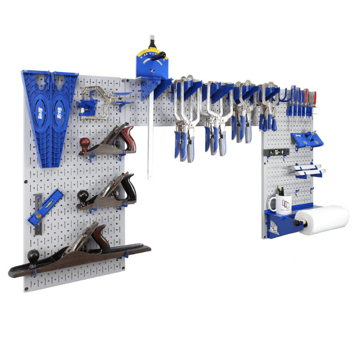 The Lazy Guy Woodworking Organizer Set with a gray pegboard and blue accessories