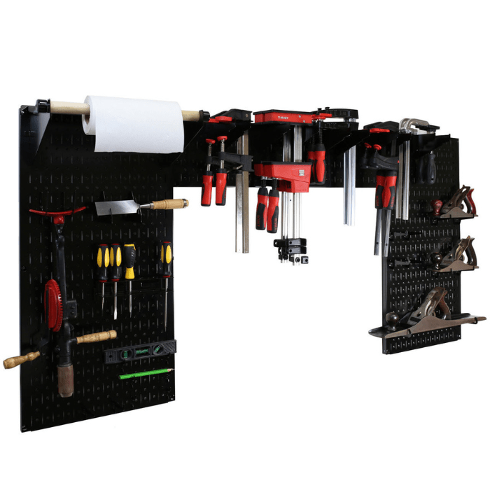 The Lazy Guy Woodworking Organizer Set with black pegboard and black accessories