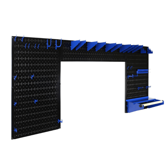 The Lazy Guy Woodworking Organizer Set with black pegboard and blue accessories