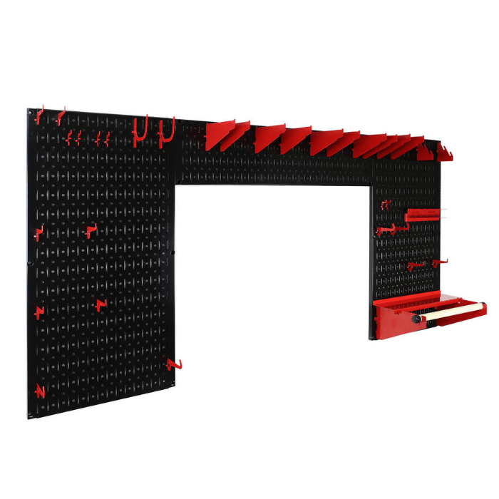 The Lazy Guy Woodworking Organizer Set with black pegboard and red accessories no tools