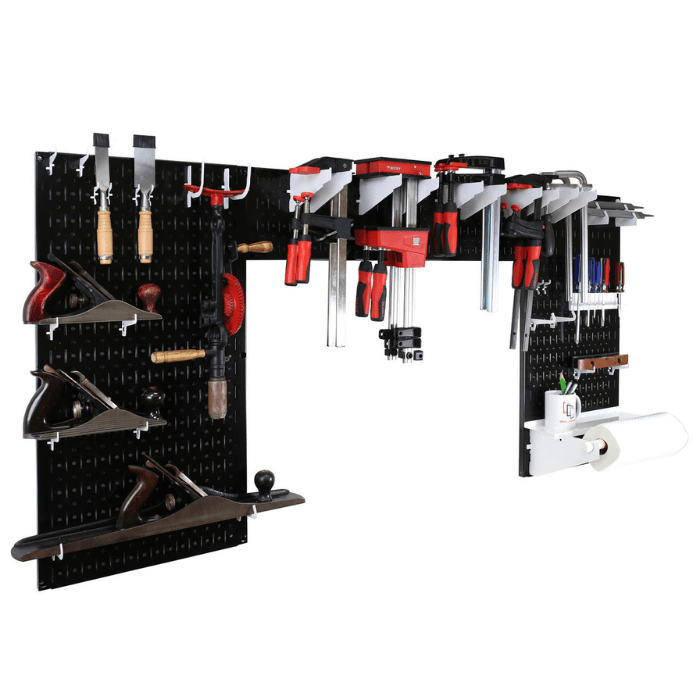The Lazy Guy Woodworking Organizer Set with black pegboard and white accessories with tools