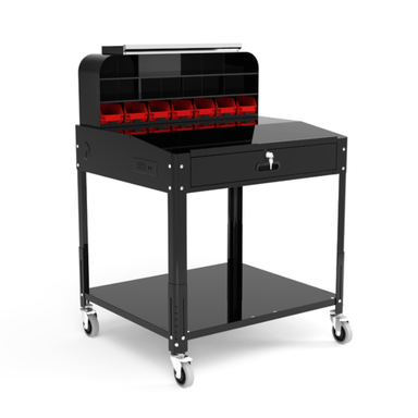 The Luxor Shop Desk with Pigeonhole Bin Unit left front side view