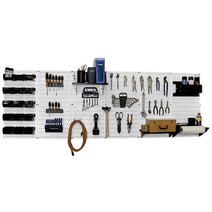The Master Metal Pegboard Workbench Kit with a white pegboard and black accessories