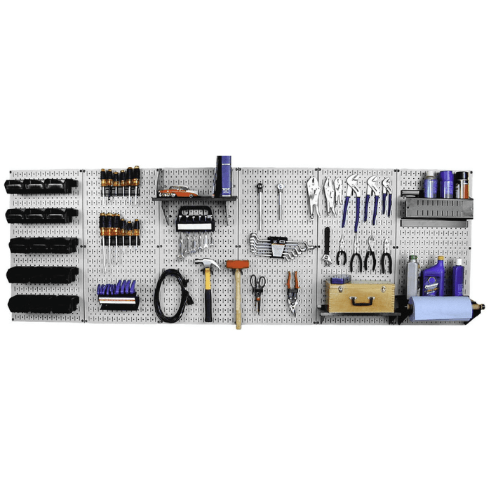 The Master Pegboard Workbench Kit with a gray pegboard and black accessories