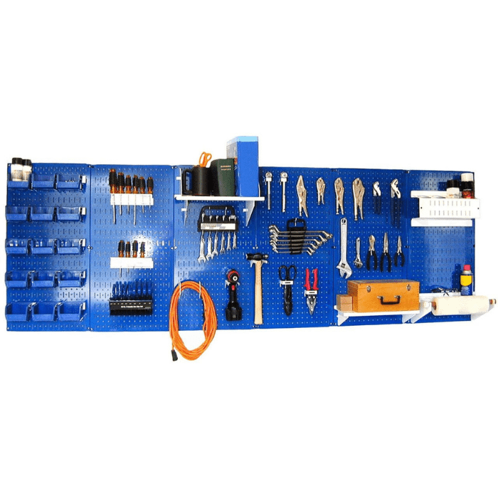 The Master Workbench Pegboard Kit blue pegboard with white accessories