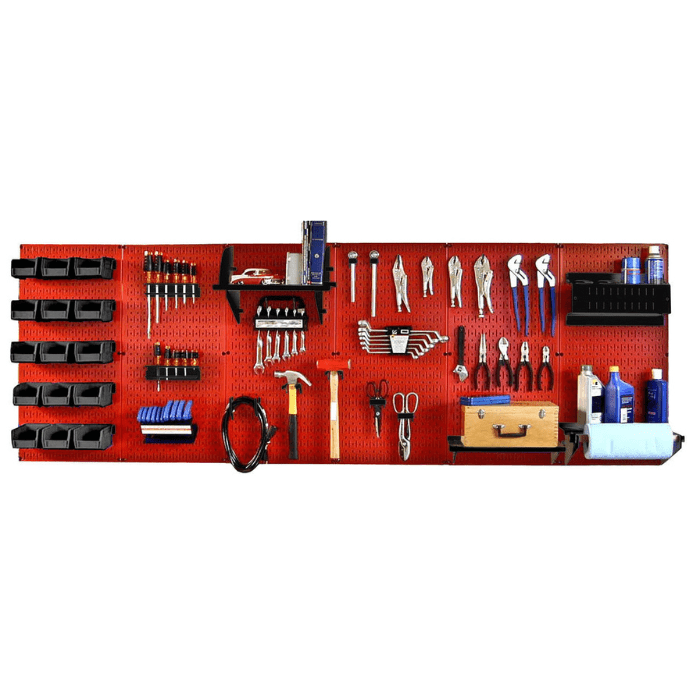 The Master Workbench Pegboard Kit with red pegboard and black accessories