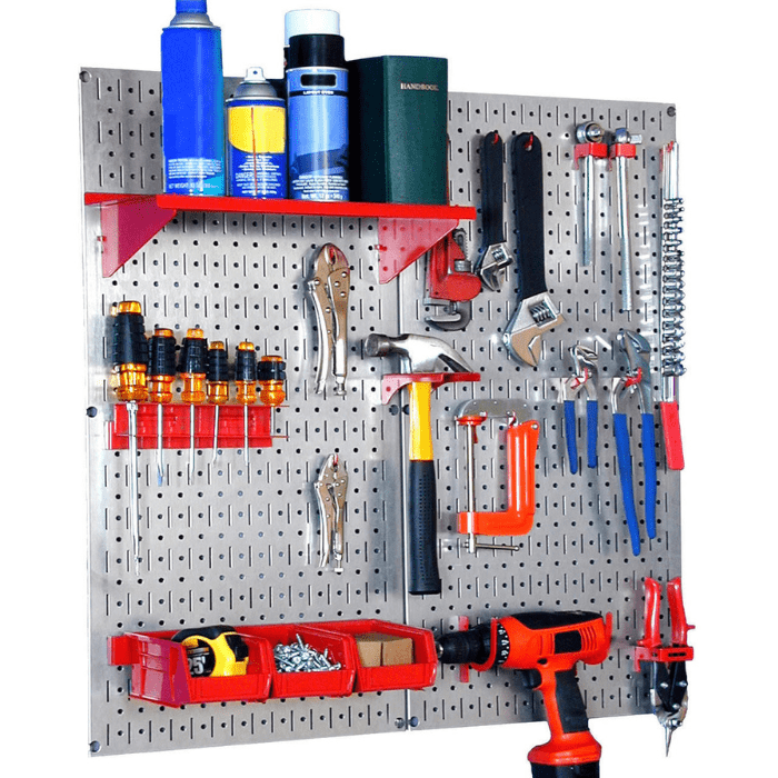 The Metal Pegboard Kit with red accessories and tools