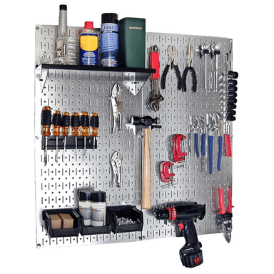 The Metal Pegboard Tool Storage Kit with black accessories with tools