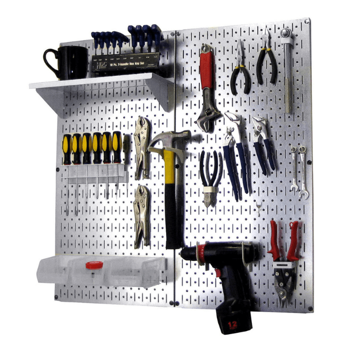 The Metal Pegboard Utility Kit with white accessories and tools
