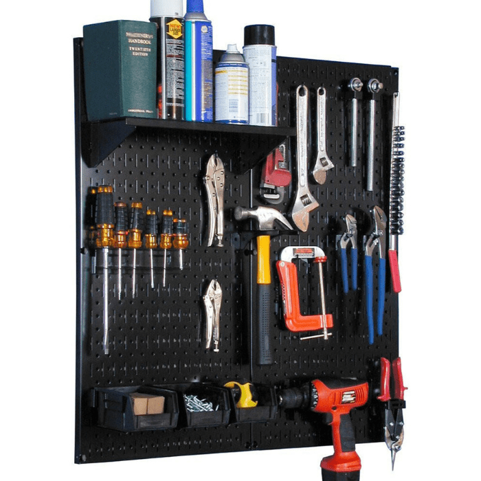 The Metal Pegboard Utility Tool Storage Kit - Pegboard with Hooks with black pegboard and black accessories with tools