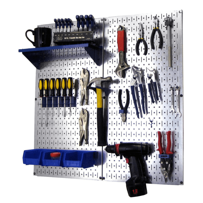 The Metal Pegboard Utility Tool Storage Kit - Pegboard with Hooks with blue accessories and with tools