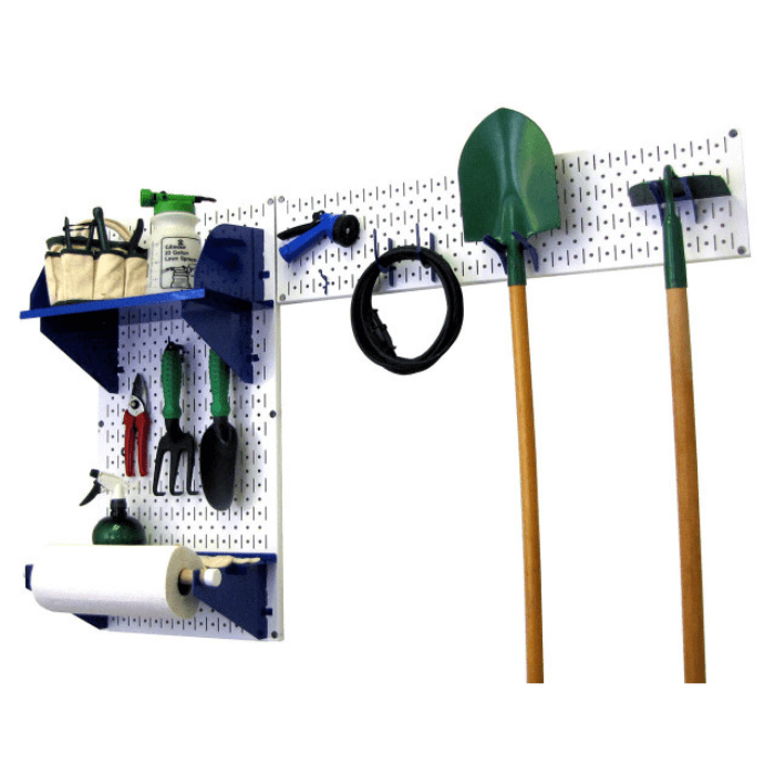 The Pegboard Garden Tool Board Organizer Kit - Pegboard with Accessories with a white pegboard and blue accessories