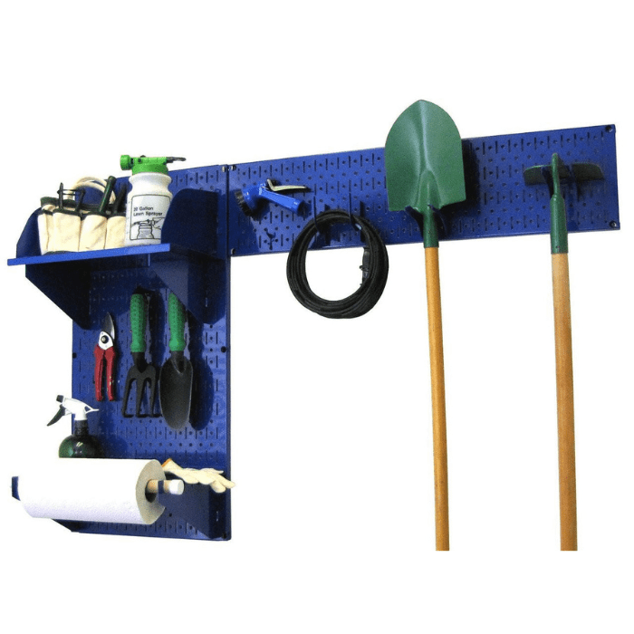 The Pegboard Garden Tool Board Organizer Kit by Wall Control with a blue pegboard and blue accessories
