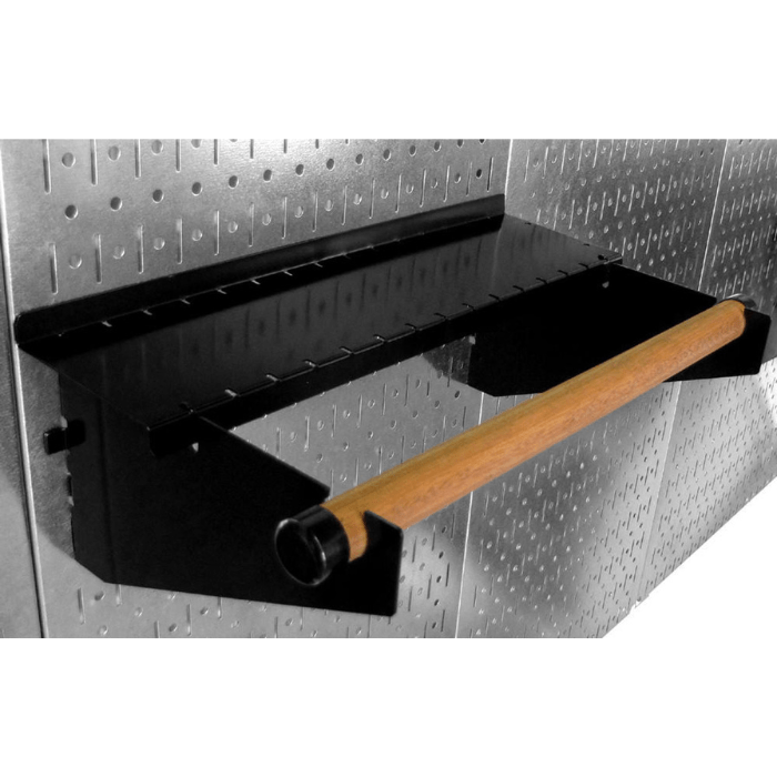 The Pro-Grade Pegboard Kit paper towel holder with dowel rod front left side view