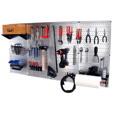 The Pro-Grade Pegboard Organizer Kit by Wall Control with black accessories and tool front right side view