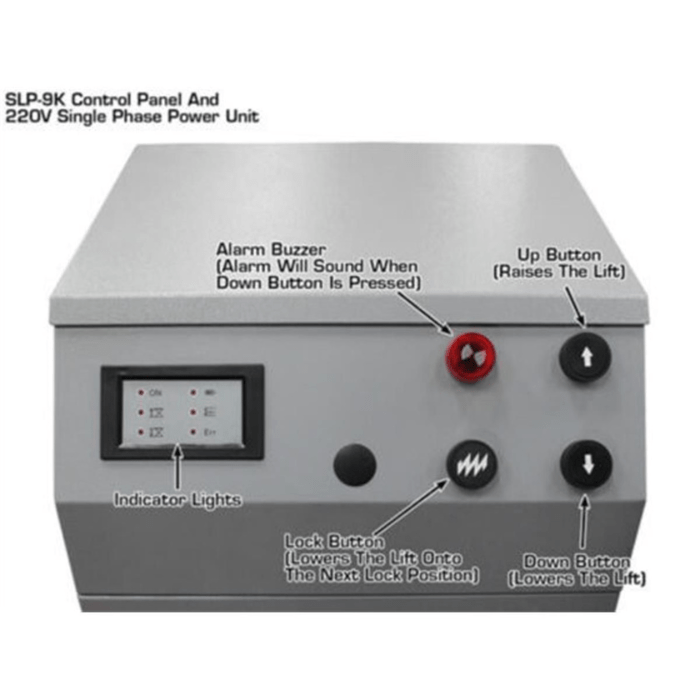 The SLP9K’s control panel features easy-to-read indicator lights, an alarm buzzer for safety when lowering, and clearly labeled buttons for raising, lowering, and locking the lift into place.