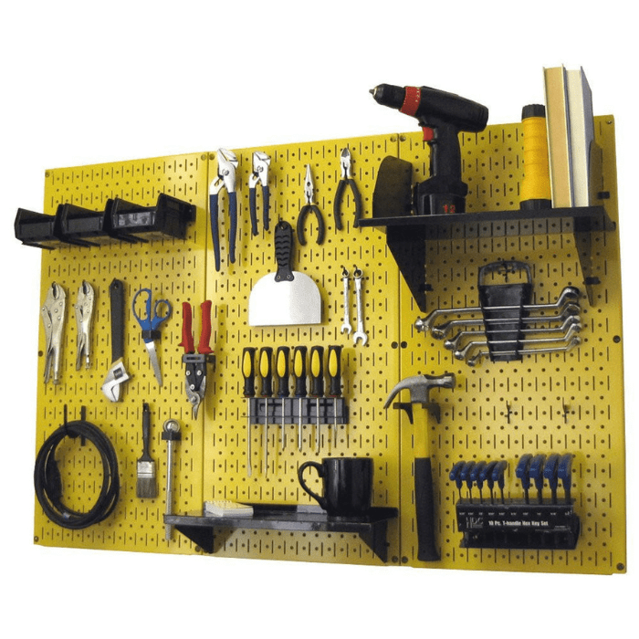 The Ultimate Metal Pegboard Wall Organizer Kit with a yellow pegboard and black accessories