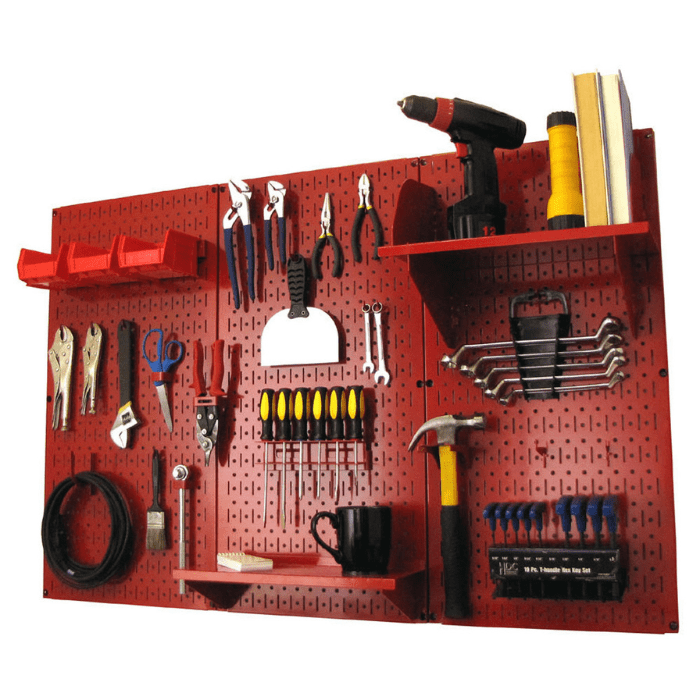 The Ultimate Metal Pegboard Wall Organizer Kit with red pegboard and red accessories
