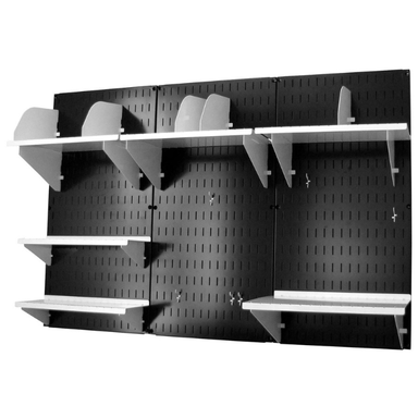 The Wall-Mounted Home Office Kit with a black pegboard and white accessories