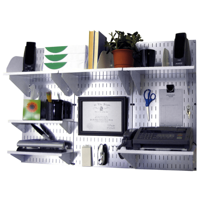 The Wall-Mounted Home Office Kit with a metallic pegboard and white accessories