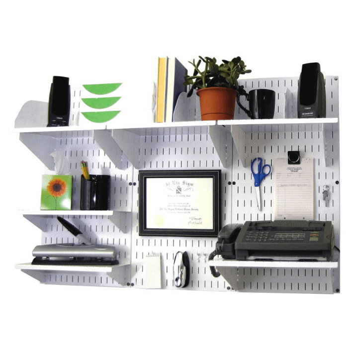 The Wall-Mounted Home Office Organizer with a white pegboard and white accessories with materials