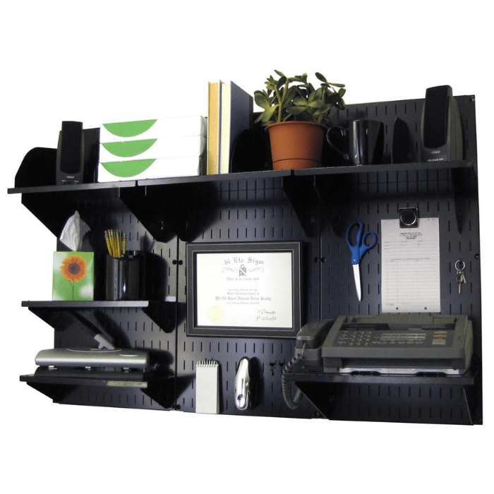 The Wall-Mounted Home Office Organizer with black accessories and black pegboard