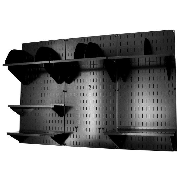 The Wall-Mounted Home Office Wall Organizer Kit - Wall Panels with Accessories with black accessories and black pegboard